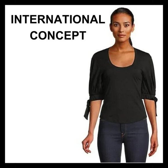 NWT I.N.C INTERNATIONAL CONCEPT Black scoop neck puff sleeve top - Picture 1 of 15